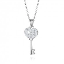 Stříbrný 925 náhrdelník - srdíčkový klíč, čiré zirkony