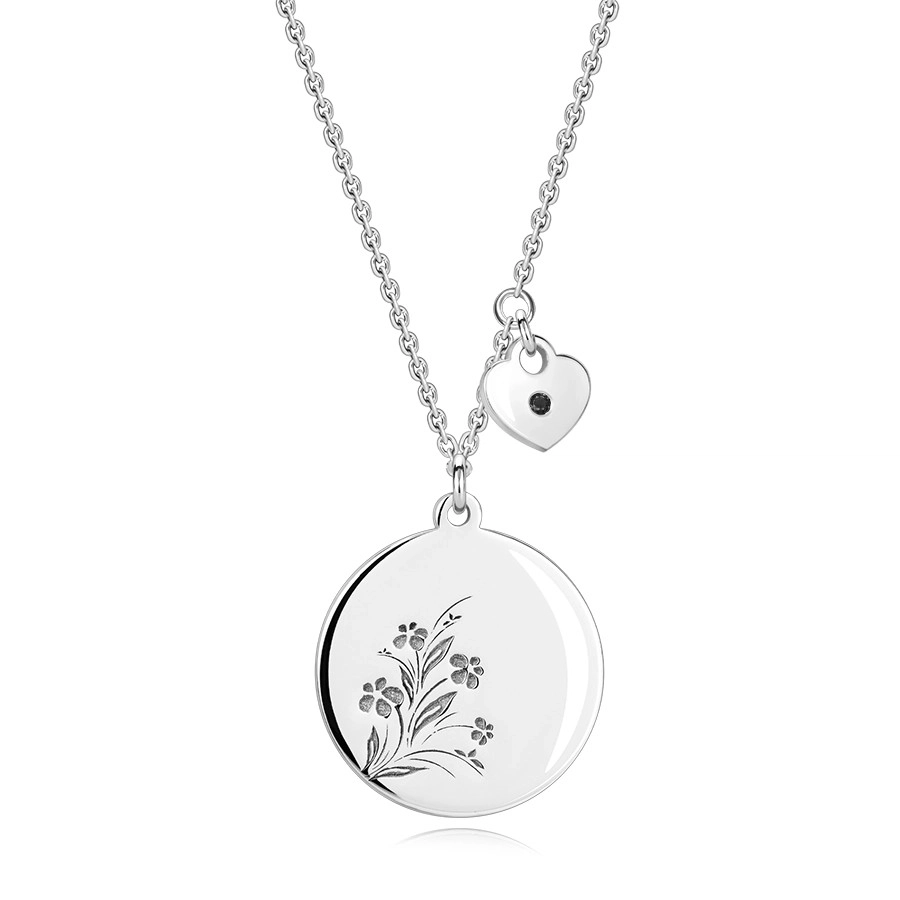 Levně Stříbrný náhrdelník 925 - černý diamant, srdce, kruh s květinami
