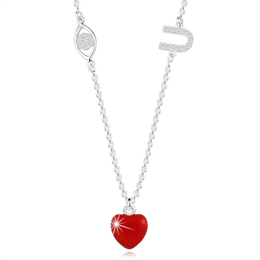 Stříbrný 925 náhrdelník - ochranné oko, červené srdce, písmeno 
