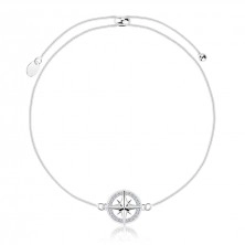 Stříbrný náramek 925, navlékací - tenký hadí řetízek, kompas, čiré zirkony 