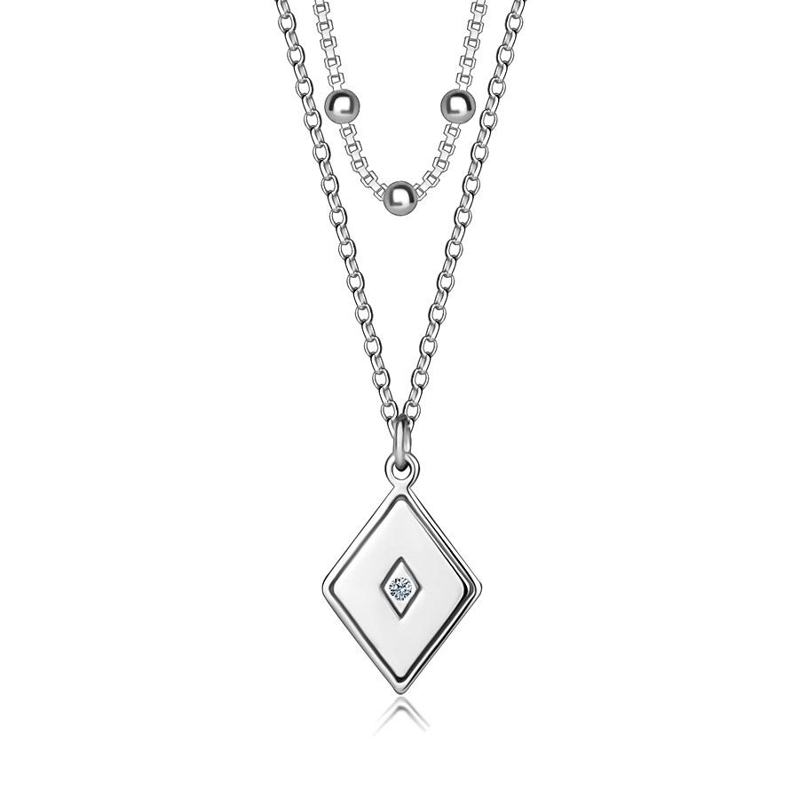 Levně Dvojitý náhrdelník ze stříbra 925 - kosočtverec s čirým diamantem uprostřed, hladké kuličky