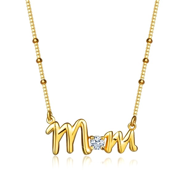 Stříbrný náhrdelník 925 - nápis "Mom", kulatý zirkon, řetízek s kuličkami, pozlacený