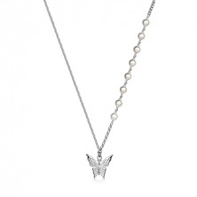 Stříbrný náhrdelník 925 - motýl, bílé syntetické perly, různé typy řetízků