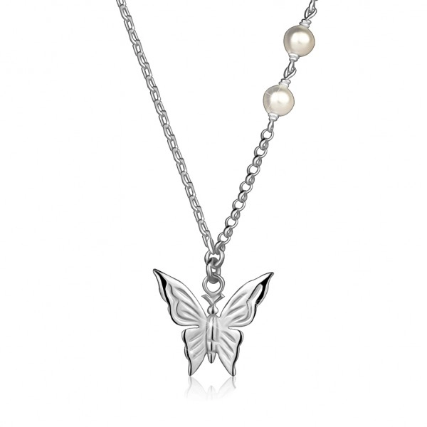 Stříbrný náhrdelník 925 - motýl, bílé syntetické perly, různé typy řetízků