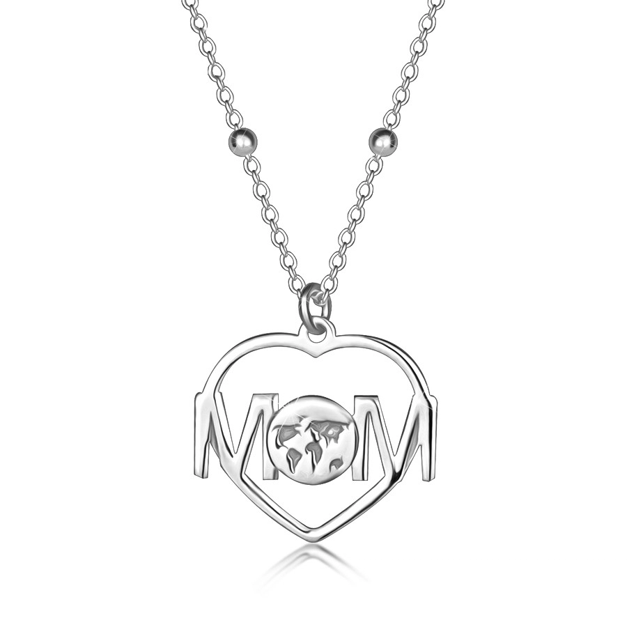 Stříbrný náhrdelník 925 - obrys srdce, nápis MOM, mapa světa, pérový kroužek 