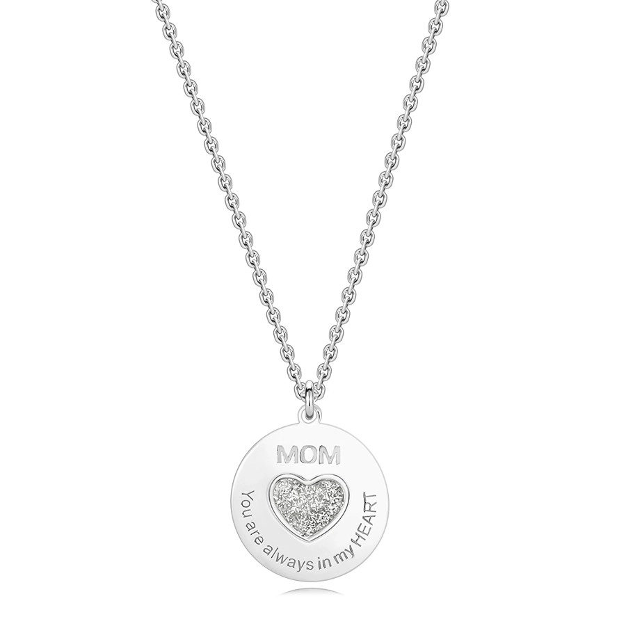 Stříbrný náhrdelník 925 - lesklý kruh, třpytivé srdce s nápisy, 
