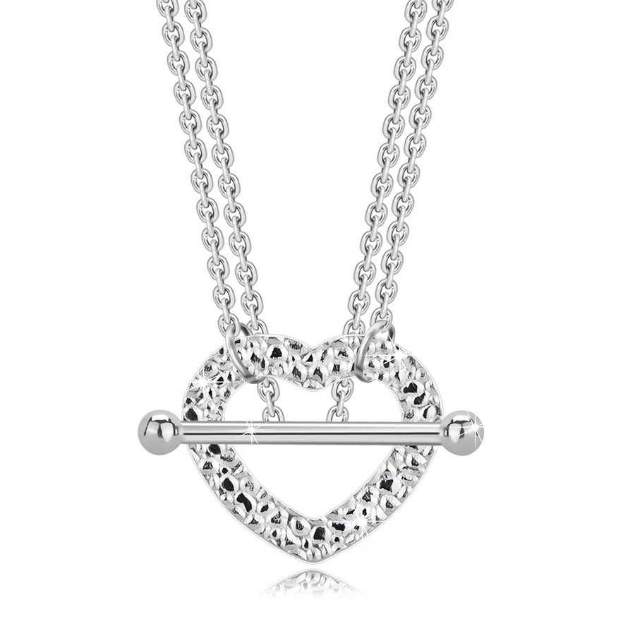 Levně Dvojitý náhrdelník ze stříbra 925 - strukturovaný obrys srdce, hladká činka, tenké řetízky