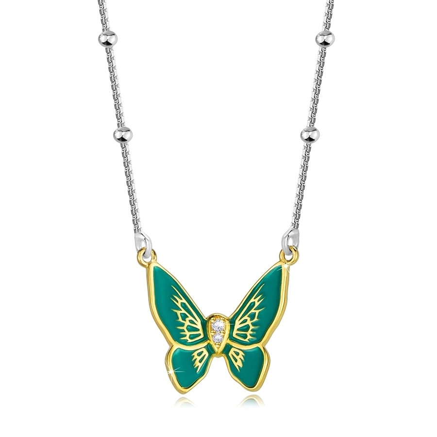 Stříbrný 925 náhrdelník - motýl se zelenými křídly, tělo se zirkony, hladké korálky