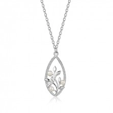 Náhrdelník ze stříbra 925 - propletený ovál, květ s listy, bílé sladkovodní perly