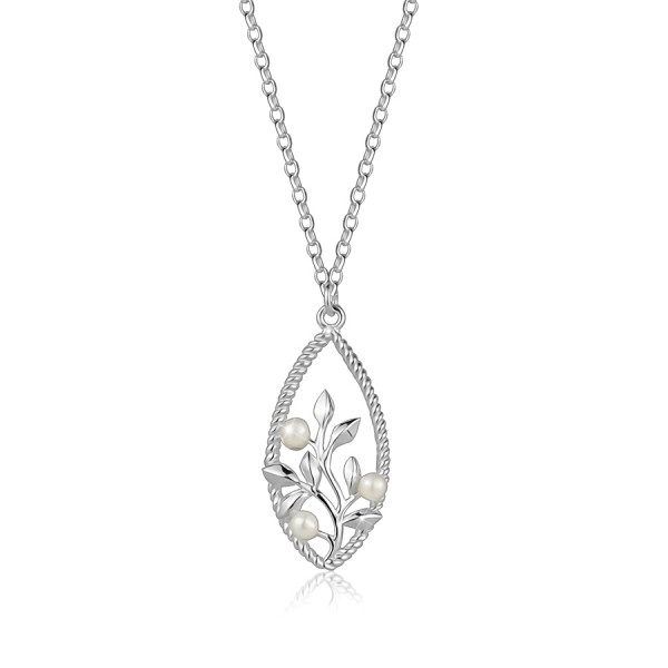 Náhrdelník ze stříbra 925 - propletený ovál, květ s listy, bílé sladkovodní perly