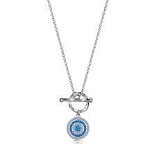 Provlékací stříbrný náhrdelník 925 - kruh s čirými a modrými zirkony, neprůhledný tyrkysový zirkonový květ