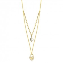 Stříbrný náhrdelník 925 - zlatá barva, bílá syntetická perla, řetízek ve tvaru srdce, čiré zirkony