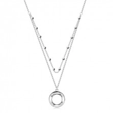 Stříbrný náhrdelník 925 - dvojitý řetízek, brilianty, kolečko s výřezem, kuličky