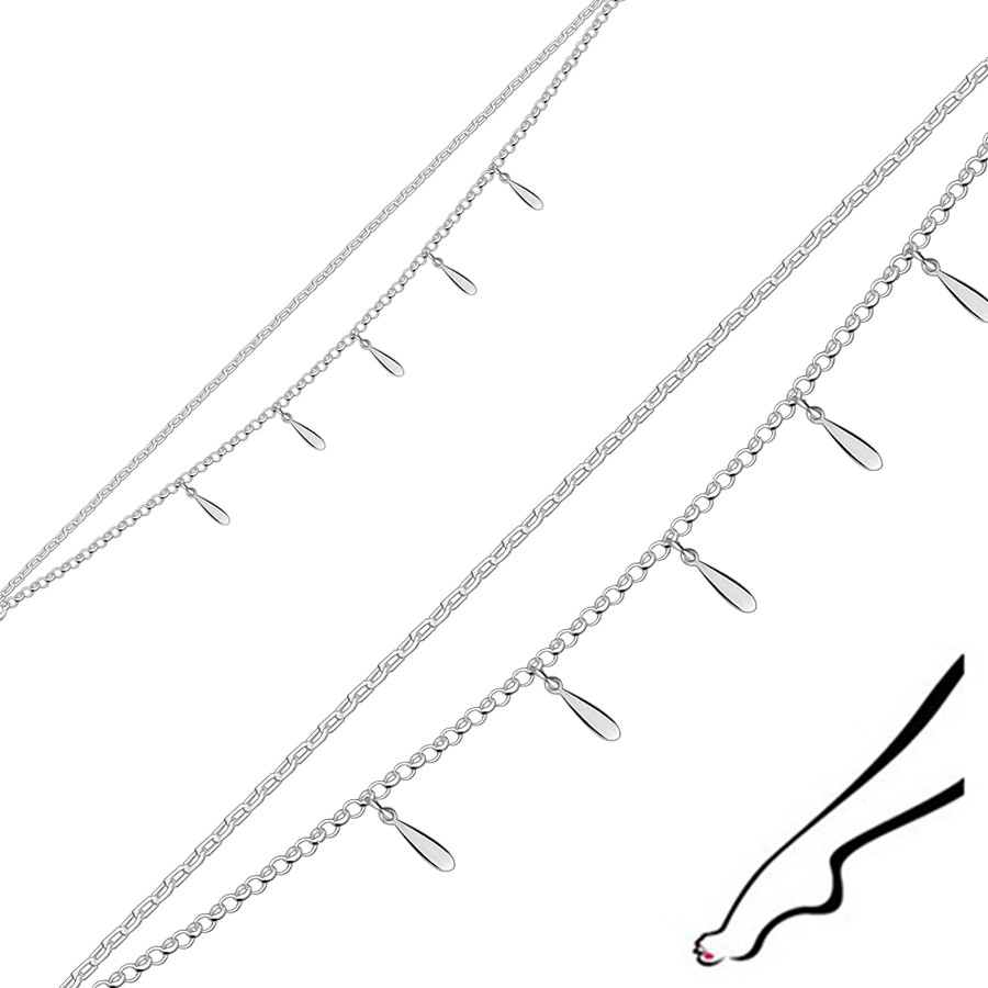 Levně Náramek na kotník ze stříbra 925 - lesklé visící kapky, dvojitý řetízek