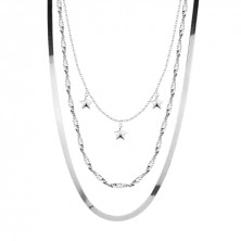 Stříbrný náhrdelník 925 - tři druhy řetízků, lesklé hvězdy, nastavitelný