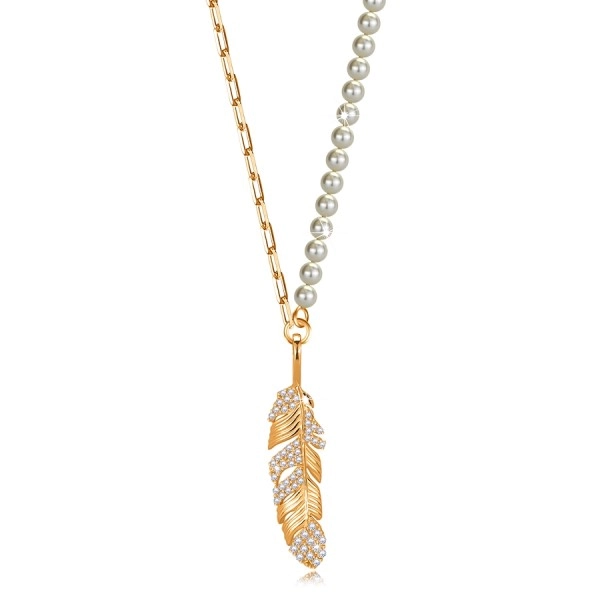 Stříbrný náhrdelník 925 - měděná barva, bílé syntetické perly, pírko se zirkony
