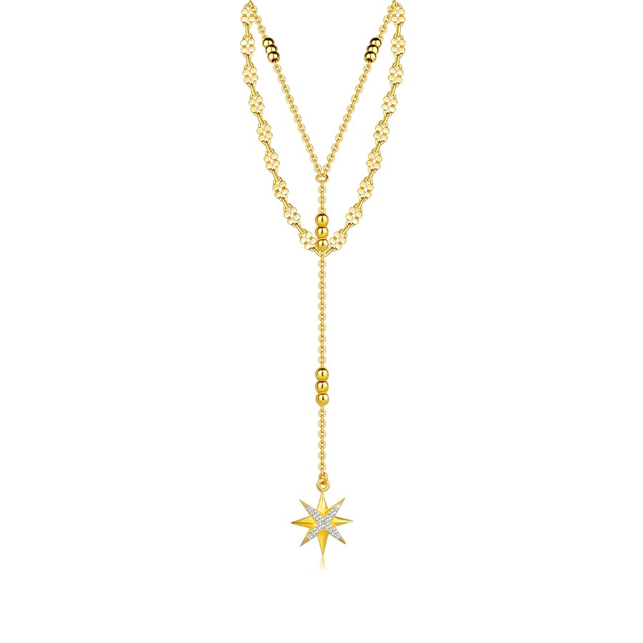 Levně Dvojitý stříbrný náhrdelník 925 - zlatá barva, hvězda ze zirkonů, zploštělé ovály, nastavitelný