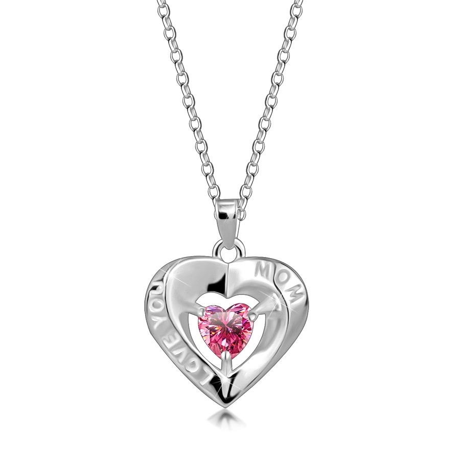 Stříbrný náhrdelník 925 - obrys srdce, růžový srdíčkový zirkon, nápis \