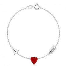 Stříbrný náramek 925 - Amorův šíp, srdce červené srdce