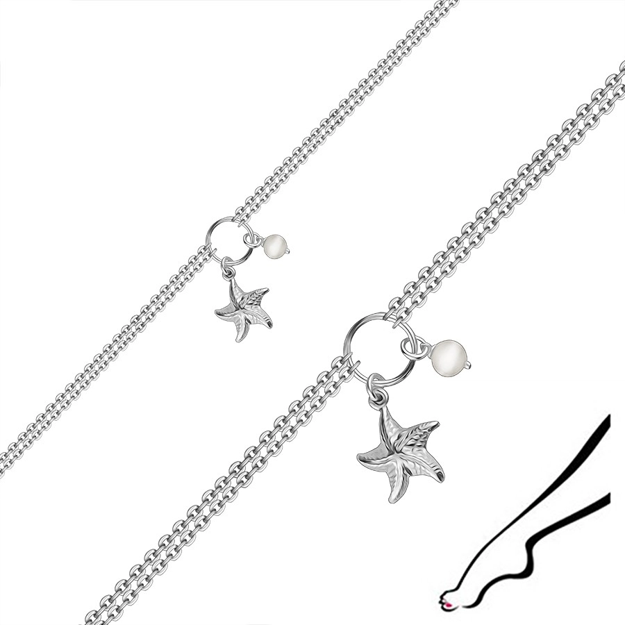 Náramek na kotník ze stříbra 925 - mořská hvězdice, kultivovaná perla, dvojitý řetízek