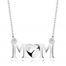 Stříbrný náhrdelník 925 - nápis MOM, srdce s kulatým briliantem