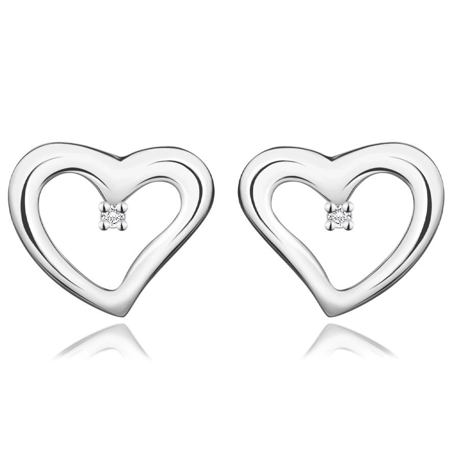 Levně Diamantové náušnice ze stříbra 925 - srdce s čirým briliantem, puzety