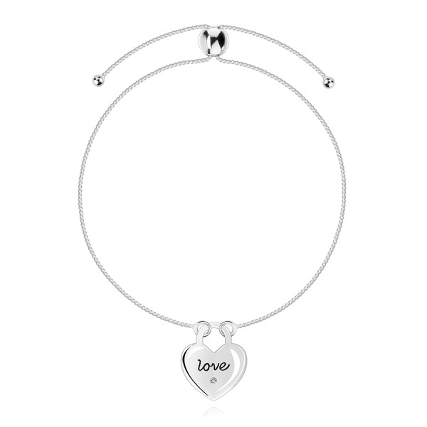 Stříbrný náramek 925 na kotník - čirý diamant, srdce, nápis LOVE