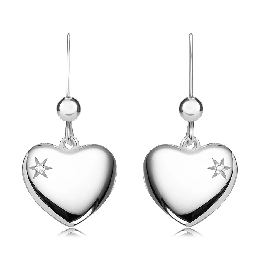 Levně Náušnice ze stříbra 925 - vypouklé srdce s hvězdicovým výřezem a čirým briliantem