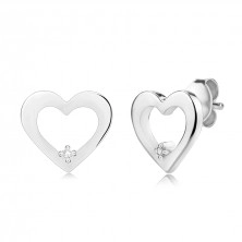 Diamantové náušnice ze stříbra 925 - obrys srdce s čirým briliantem, puzety