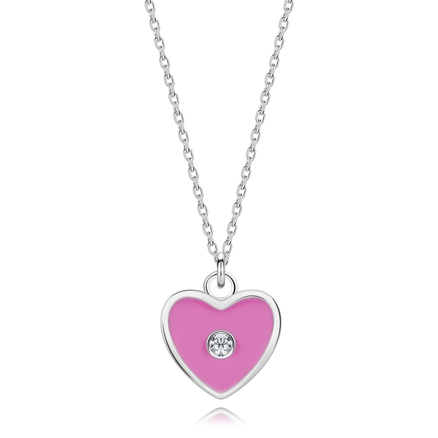 Levně Dětský náhrdelník ze stříbra 925, nastavitelný - růžové srdce, čirý diamant
