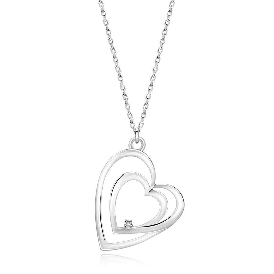 Levně Diamantový náhrdelník ze stříbra 925 - spojený obrys dvojitého srdce, čirý briliant