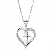Stříbrný 925 náhrdelník - obrys srdce se zirkony, latinský křížek