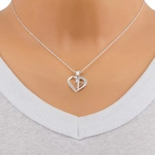 Stříbrný 925 náhrdelník - obrys srdce se zirkony, latinský křížek