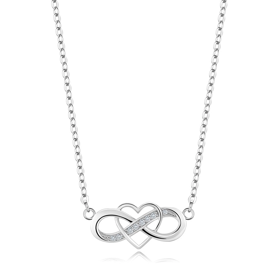 Stříbrný náhrdelník 925 - symbol nekonečna, tenký obrys srdce, čiré zirkony