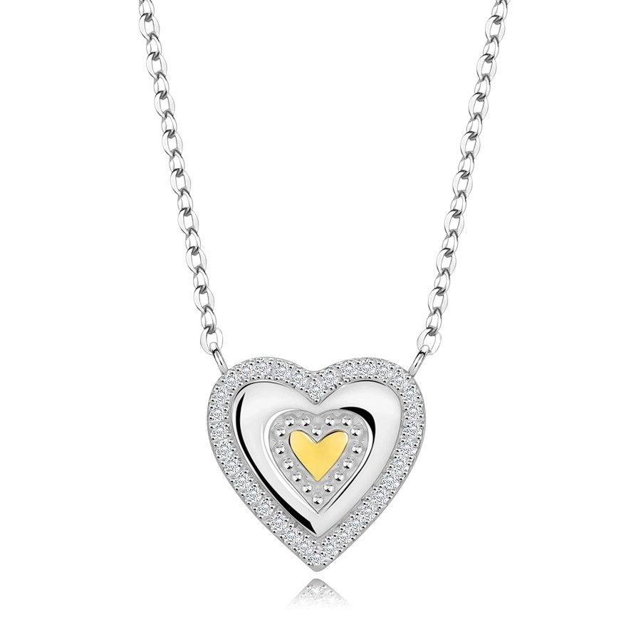 Levně Dvoubarevný náhrdelník ze stříbra 925 - srdce se střídajícími se hladkými a strukturovanými liniemi