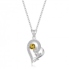 Stříbrný 925 náhrdelník - kontura srdce se zirkony, růže s hlavičkou ve zlaté barvě