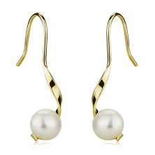 Zlaté 9K náušnice - zvlněná linie, bílá kultivovaná perla, afroháčky