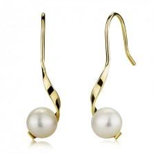 Zlaté 9K náušnice - zvlněná linie, bílá kultivovaná perla, afroháčky