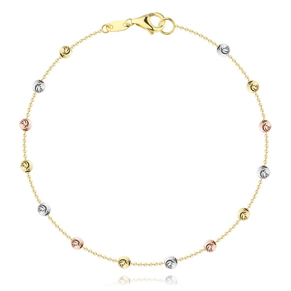 Náramek ze smíšeného 14karátového zlata - kuličky z bílého, růžového a žlutého zlata, obloučky
