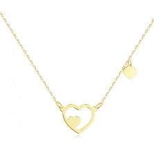 Zlatý 14K náhrdelník ve žluté barvě - obrys srdce, dvě plná srdce