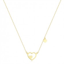 Zlatý 14K náhrdelník ve žluté barvě - obrys srdce, dvě plná srdce
