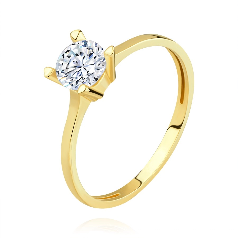 Zlatý prsten ze žlutého 14K zlata - výraznější vystupující kulatý zirkon - Velikost: 54