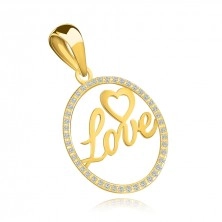 Přívěsek ze 14karátového žlutého zlata - nápis Love a srdce v obruči ze zirkonů