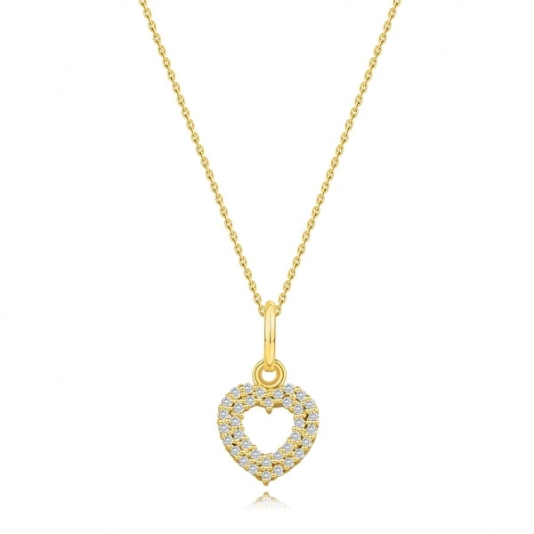 Diamantový náhrdelník ze žlutého 14karátového zlata - obrys srdce, čiré diamanty