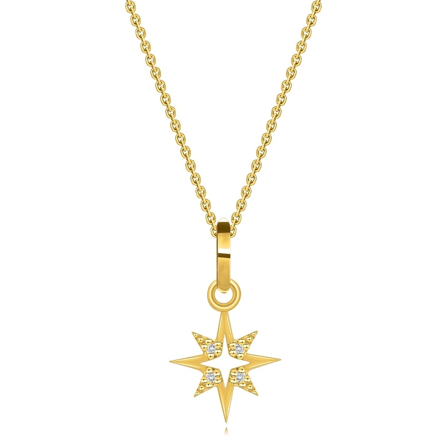 Levně Diamantový náhrdelník ze žlutého 14K zlata - hvězda s hladkými a briliantovými rameny