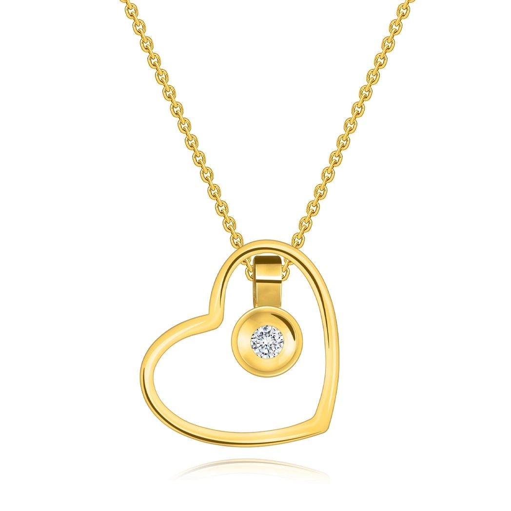 Náhrdelník ze žlutého zlata 585 - obrys srdce, kruh s čirým briliantem