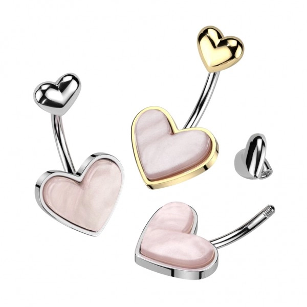 Ocelový piercing do pupíku - růžové perleťové srdce, hladký okraj