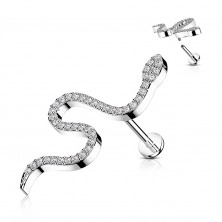 Šroubovací ocelový piercing do labretu - motiv hada, kulatý zirkon, 6 mm