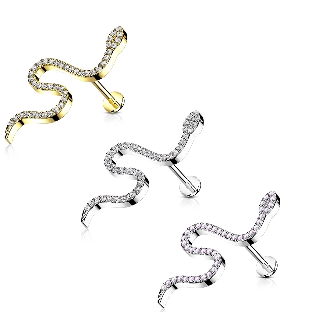 Šroubovací ocelový piercing do labretu - motiv hada, kulatý zirkon, 6 mm - Barva zirkonu: Zlatá - čirá