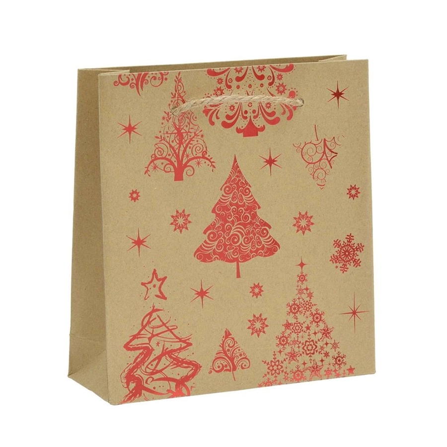 Levně Dárková taška z papíru - hnědá - červená barva, vánoční motiv, šňůrky